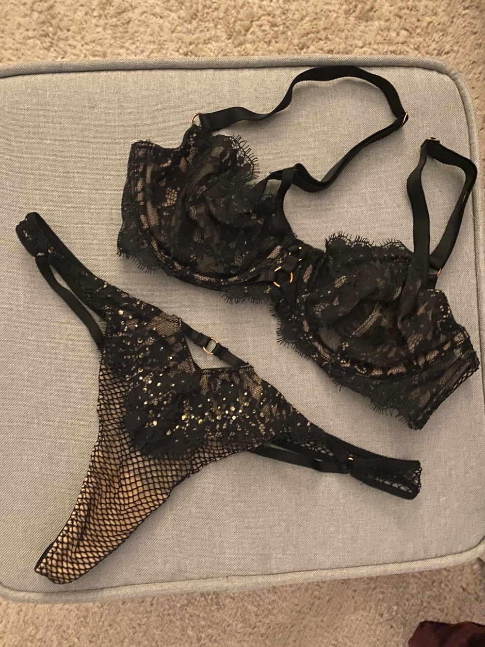 Victoria's Secret Black Lace Bra and Thong Set 32B
